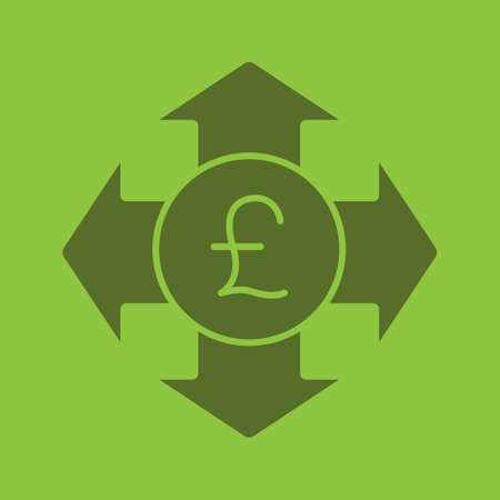 Money spending glyph color icon. Silhouette symbol. Great Britain pound with all direction arrows. Expanses. Negative space. Vector isolated illustrationのイラスト素材