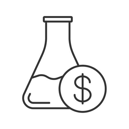 Research price linear icon. Thin line illustration. Chemical lab beaker with dollar sign. Contour symbol. Vector isolated outline drawingのイラスト素材