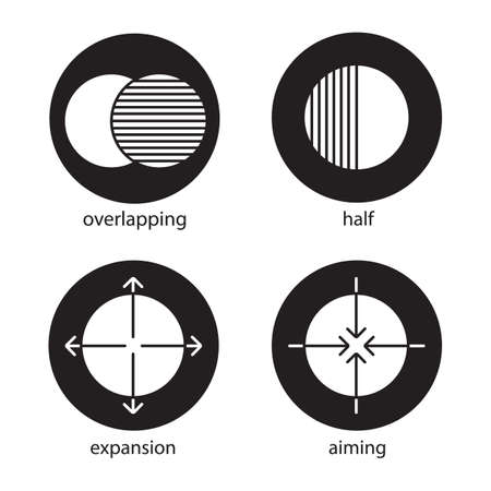 Abstract symbols glyph icons set. Overlapping, half, aiming, expansion concepts. Vector white silhouettes illustrations in black circlesのイラスト素材