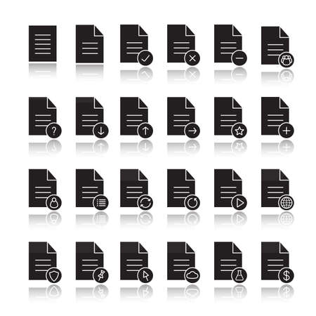 Documents drop shadow black glyph icons set. Statistics, medical insurance and test, contract, approved document. Send, pin, upload, download file. Isolated vector illustrationsのイラスト素材