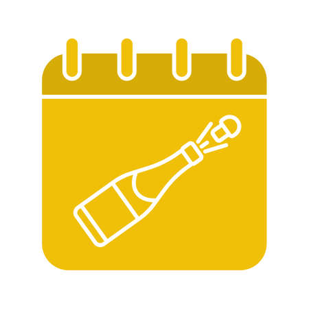 Holiday glyph color icon. Party date. Calendar page with champagne bottle. Silhouette symbol on black background. Negative space. Vector illustrationのイラスト素材