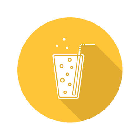 Lemonade flat design long shadow glyph icon. Soda glass with straw. Vector silhouette illustrationのイラスト素材