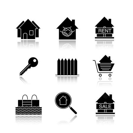 Real estate market drop shadow black glyph icons set. Neighborhood, houses for sale and rent, key, fence, swimming pool, real estate deal. Isolated vector illustrations.のイラスト素材