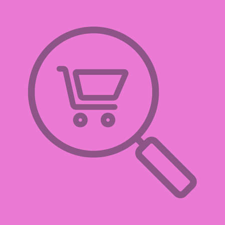 Supermarket search linear icon. Magnifying glass with shopping cart. Thick line outline symbols on color background. Vector illustration.のイラスト素材