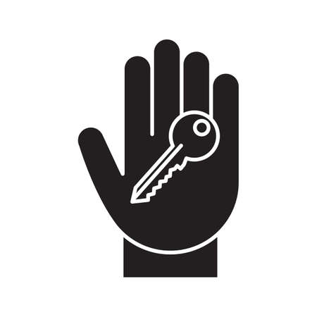 Hand with key glyph icon. Realty purchase. Private property owner silhouette symbol. Real estate. Negative space. Vector isolated illustrationのイラスト素材