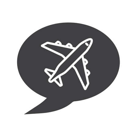 Chat box with airplane takeoff inside glyph icon. Silhouette symbol. Flight departure. Negative space. Vector isolated illustrationのイラスト素材