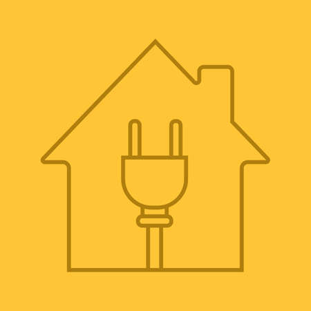 House with wire plug inside linear icon. Electric utilities. Home electrification. Thin line outline symbols on color background. House wiring. Vector illustrationのイラスト素材