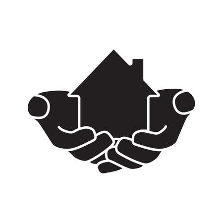 House in hands glyph icon. Home loan. Mortrage silhouette symbol. Real estate insurance. Hands holding building. Realty investment. Negative space. Vector isolated illustrationのイラスト素材