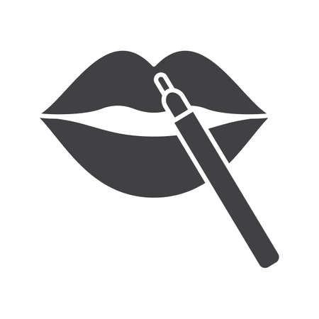 Pencil lipstick glyph icon. Makeup. Women goods. Cosmetic applying. Lip contouring. Silhouette symbol. Negative space. Lip contouring. Vector isolated illustrationのイラスト素材