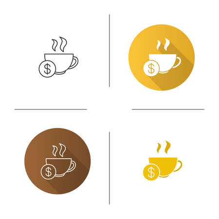 Buy cup of tea icon. Flat design, linear and glyph color styles. Hot steaming mug with dollar sign. Isolated vector illustrationsのイラスト素材