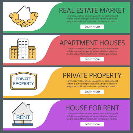 Real estate web banner templates set. House in hands, multi-storey building, private property sign, house for rent. Website color menu items. Vector headers design conceptsのイラスト素材