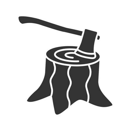 Deforestation glyph icon. Silhouette symbol. Stump with axe inside. Negative space. Vector isolated illustrationのイラスト素材