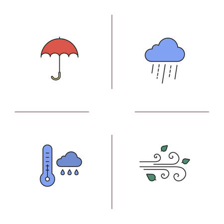 Autumn weather color icons set. Rainy cloud with thermometer, umbrella, wind blowing. Isolated vector illustrationsのイラスト素材