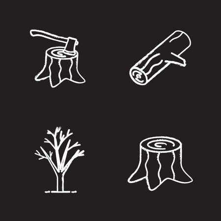 Forestry chalk icons set. Stumps with axe inside, tree without leaves, firewood. Isolated vector chalkboard illustrationsのイラスト素材