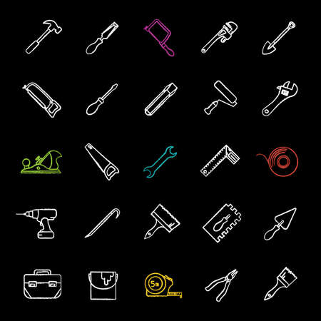 Construction tools chalk icons set. Renovation and repair instruments Jack plane, paint brushes, spade, cordless drill, monkey wrench, chisel, crowbar, hammer. Isolated vector chalkboard illustrationのイラスト素材