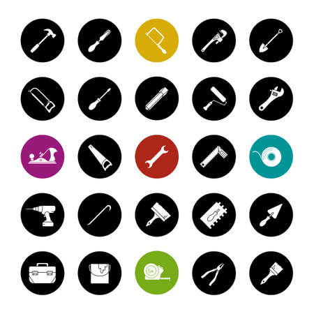 Construction tools glyph icons set. Renovation and repair instruments. Spanner, shovel, hammer, paint brush, measuring tape, chisel, crowbar. Vector white silhouettes illustrations in black circlesのイラスト素材