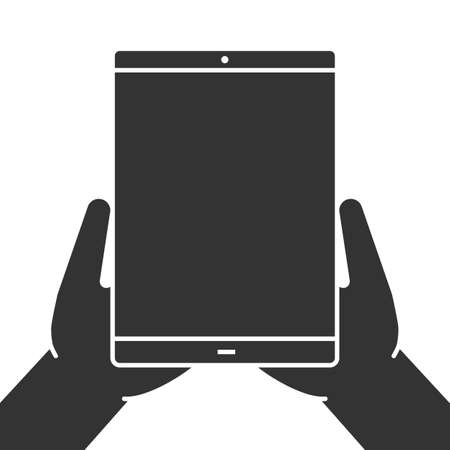 Hands holding tablet computer glyph icon. Silhouette symbol. Negative space. Vector isolated illustrationのイラスト素材