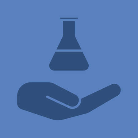 Open hand with lab flask glyph color icon. Laboratory services. Silhouette symbol. Lab supplies. Negative space. Vector isolated illustrationのイラスト素材