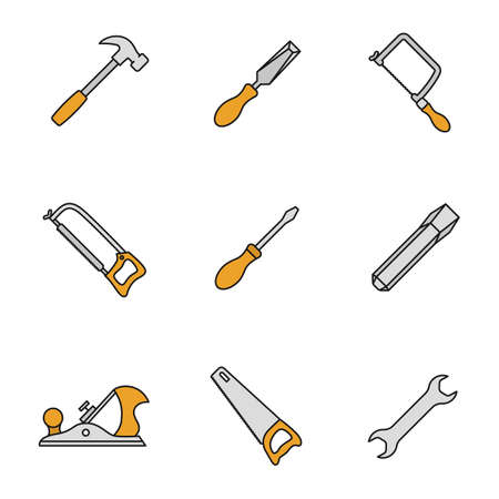Construction tools color icons set. Hammer, chisels, hacksaw, fretsaw, hand saw, jack plane, screwdriver, wrench. Isolated vector illustrationsのイラスト素材
