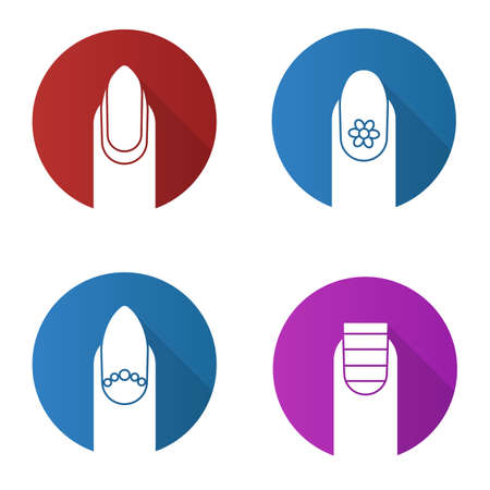 Manicure flat design long shadow glyph icons set. Almond shaped nail with reverse moon and beads, stripes and flower. Manicure types. Vector silhouette illustrationのイラスト素材