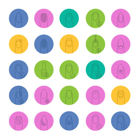 Manicure linear icons set. Nail salon service. Variety of manicure types. Thin line outline symbols on color circles. Vector illustrationsのイラスト素材