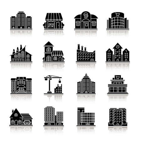 City buildings drop shadow black glyph icons set. Town architecture. Isolated vector illustrationsのイラスト素材