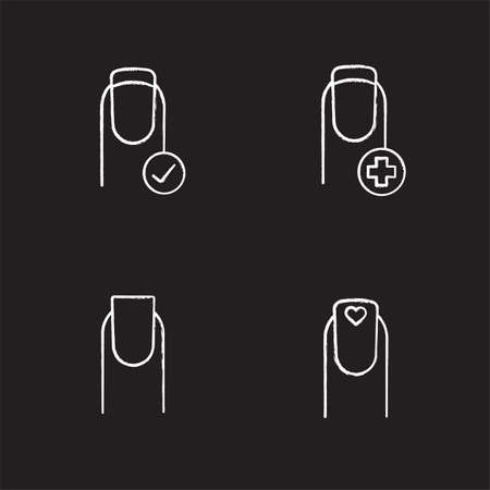 Manicure chalk icons set. Fingernails medical care, square shaped manicure, nails with tick mark and heart. Isolated vector chalkboard illustrationsのイラスト素材