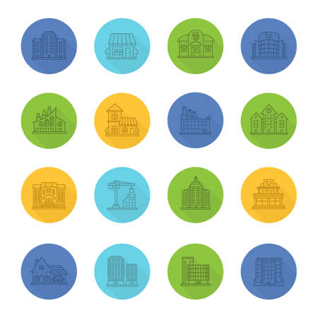 City buildings linear icons set. Town architecture. Shop, supermarket, cafe, factory, library. Thin line outline symbols on color circles. Vector illustrationsのイラスト素材