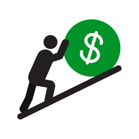 Man pushing dollar sign up silhouette icon. Hard work. Career growth. Isolated vector illustrationのイラスト素材