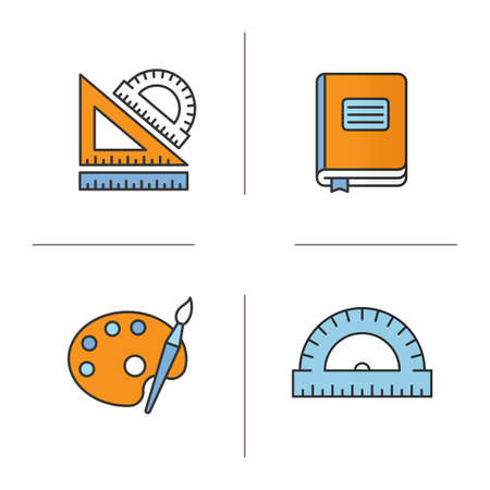 School and education color icons set. Stationery items. School rulers, diary notebook, palette with brush. Isolated vector illustrationsのイラスト素材