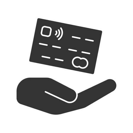 Open hand with credit card glyph icon. Silhouette symbol. Safe payments. Negative space. Vector isolated illustrationのイラスト素材