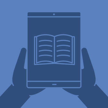 Hands holding tablet computer glyph color icon. Silhouette symbol. Tablet computer with open book. Negative space. Vector isolated illustrationのイラスト素材