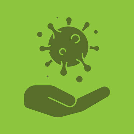 Open hand with virus particle glyph color icon. Silhouette symbol. Antiviral immunity. Negative space. Vector isolated illustrationのイラスト素材