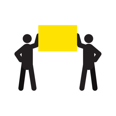 Two men holding poster in hands silhouette icon. Advertisement, banner. Isolated vector illustrationのイラスト素材