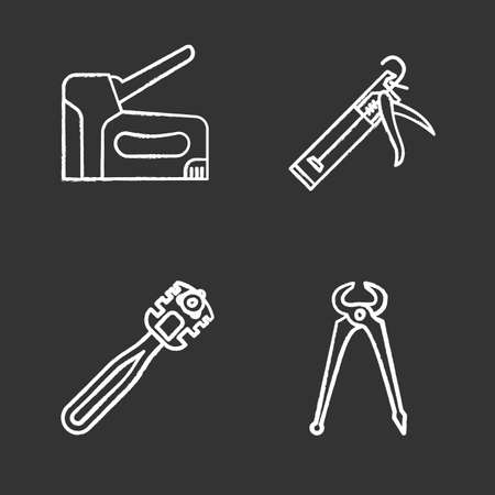 Construction tools chalk icons set. Caulking gun, glass cutter, carpenter's end cutting pliers, construction stapler isolated vector chalkboard illustrations.のイラスト素材