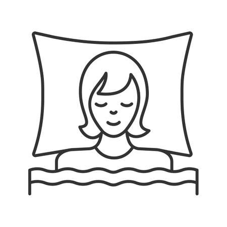 Sleeping woman in bed linear icon. Bedtime thin line illustration. Night rest contour symbol vector isolated outline drawing.のイラスト素材