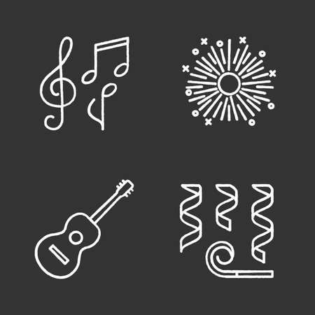 Party accessories chalk icons set. Guitar, treble clef and musical notes, firework, garlands and whistle. Isolated vector chalkboard illustrationsのイラスト素材