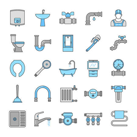 Plumbing color icons set. Sanitary equipment. Bathroom. Isolated vector illustrationsのイラスト素材