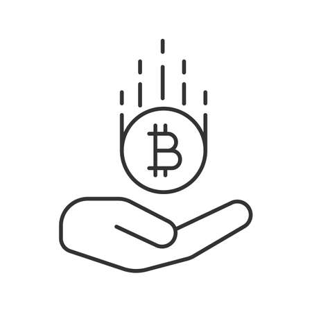 Open hand with bitcoin linear icon. Cryptocurrency. Thin line illustration. Saving money. Contour symbol. Vector isolated outline drawingのイラスト素材
