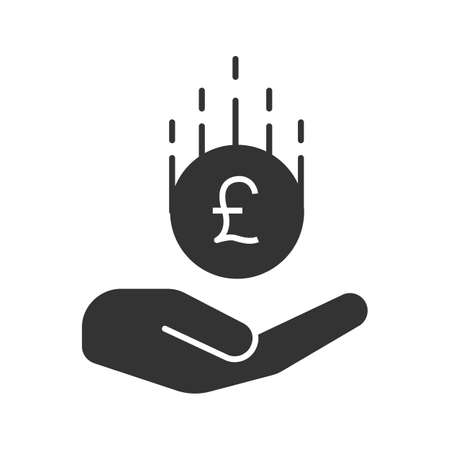 Open hand with British pound glyph icon. Silhouette symbol. Saving money. Negative space. Vector isolated illustrationのイラスト素材
