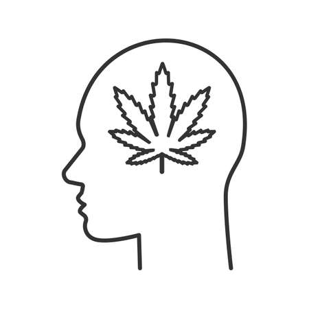Human head with marijuana leaf linear icon. Drugs addiction. Thin line illustration. Bad habit. Vector isolated outline drawingのイラスト素材