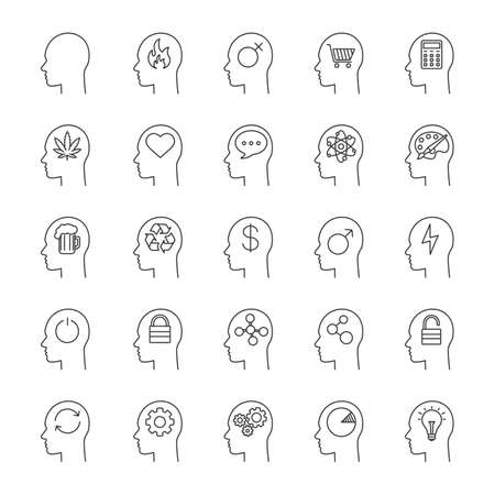 Inside head linear icons set. Human mind. Thoughts about love, business, money, art, science, alcohol, drugs. Thin line contour symbols. Isolated vector outline illustrationsのイラスト素材