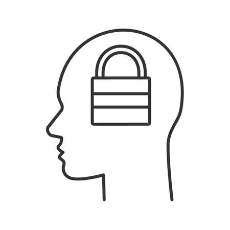 Human head with closed padlock inside linear icon. Cyber security. Password. Thin line illustration. Artificial intelligence. Contour symbol. Vector isolated outline drawingのイラスト素材