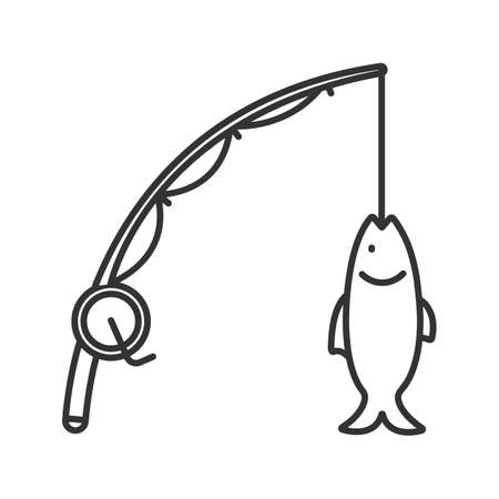 Spinning rod with fish linear icon. Fishing equipment. Thin line illustration. Contour symbol. Vector isolated outline drawingのイラスト素材