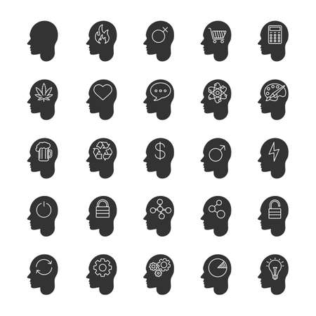 Inside head glyph icons set. Human mind. Silhouette symbols. Thoughts about love, business, money, art, science, alcohol, drugs. Vector isolated illustrationのイラスト素材