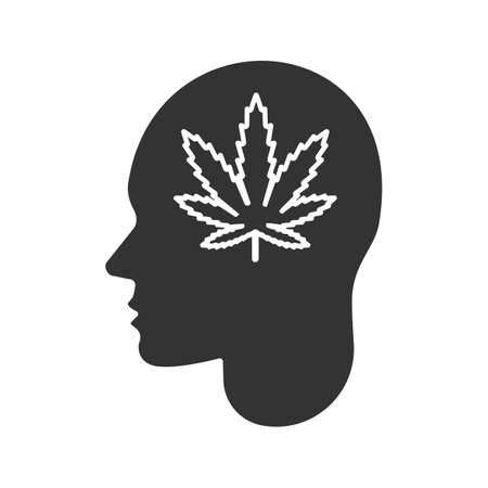 Human head with marijuana leaf glyph icon. Drug addiction. Silhouette symbol. Bad habit. Negative space. Vector isolated illustrationのイラスト素材
