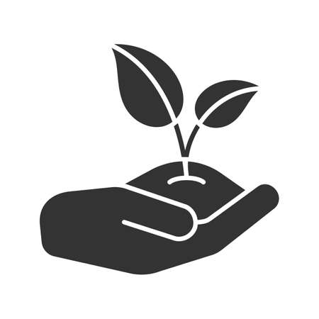 Open hand with sprout glyph icon. Environment protection. Agriculture. Silhouette symbol. Negative space. Vector isolated illustrationのイラスト素材