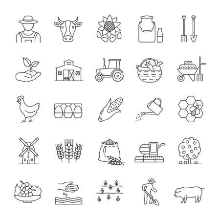 Agriculture linear icons set. Farming. Agricultural implement. Thin line contour symbols. Isolated vector outline illustrations.のイラスト素材