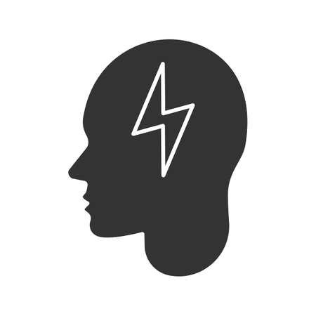 Human head with lightning bolt glyph icon. Artificial intelligence. Silhouette symbol. Brain charging. Negative space. Vector isolated illustrationのイラスト素材
