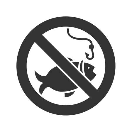 Forbidden sign with fish glyph icon. No fishing prohibition. Silhouette symbol. Negative space. Vector isolated illustrationのイラスト素材